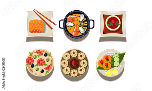 Flatvector set of plates with tasty dishes, top view. Chinese cuisine. Delicious Asian food. Elements for cafe menu