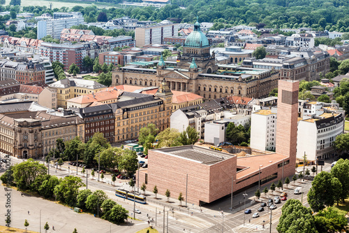 Aerial view of the city of Leipzig with the new built Catholic church St. Trinitatis