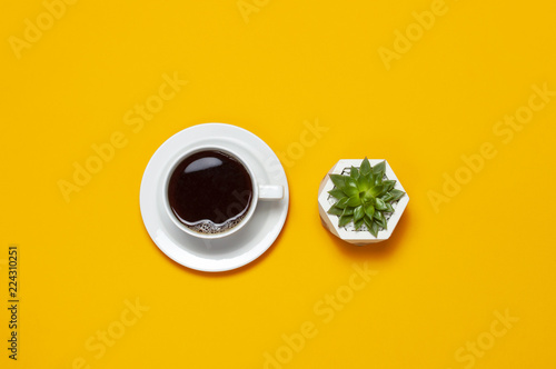 Cup of coffee and green flower cactuses succulents on bright yellow minimalistic background, top view Flat Lay with copy space. Overhead shot of empty office desk, Still life, business photo