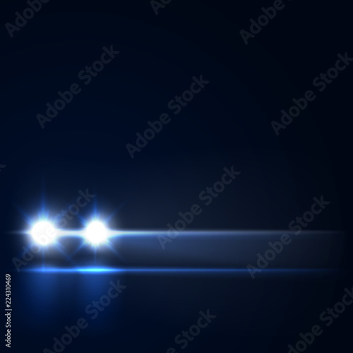 Night car with bright headlights approaching in the dark, led car headlights on the night road, vector illustration photo