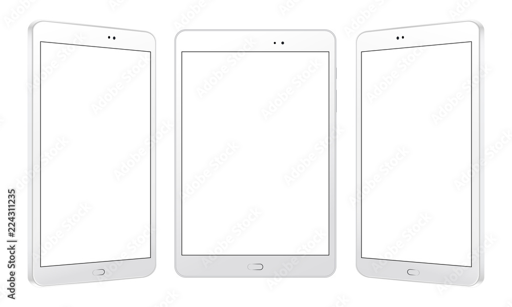 White tablet computers mockups in front and side view. Three responsive screens to showcasing your mobile web site design. Vector illustration White tablet computers mockups in front and side view. Three responsive screens to showcasing your mobile web site design. Vector illustration