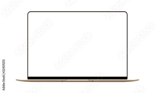 Laptop gold mock up with blank frameless screen - front view. Vector illustration