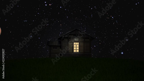 A lonely house in the night with planet Mars orbiting above