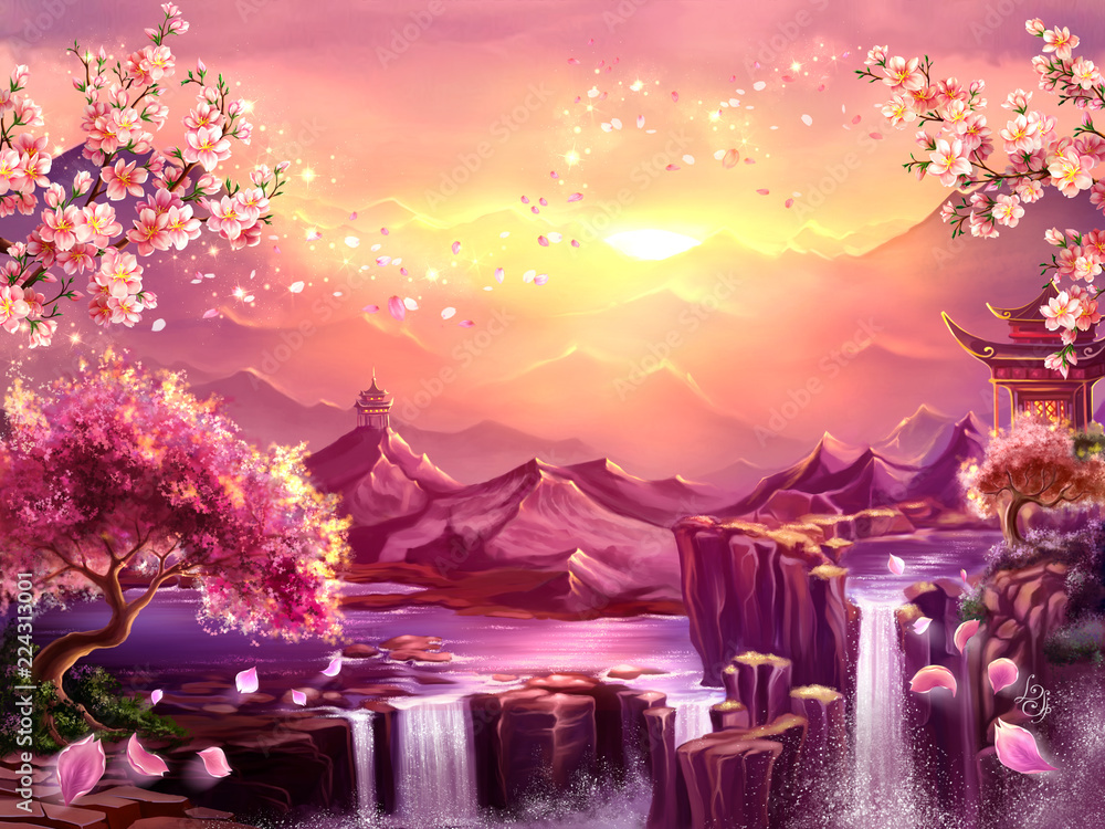 Fototapeta Orientalne tło, sztuka cyfrowa. Ilustracja krajobraz górski świt z sakura kwiatów. Może służyć jako miejsce do gier, kart okolicznościowych lub ilustracji do książek
