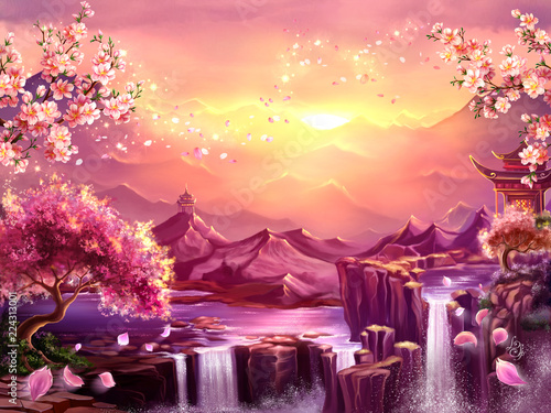 Oriental background, digital art. Illustration of a mountain dawn landscape with sakura blossoms. Can be used as location for games, greeting cards or illustration for books © liorigo