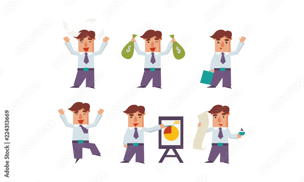 Flat vector set of happy office worker in different actions. Successful businessman. Bank manager