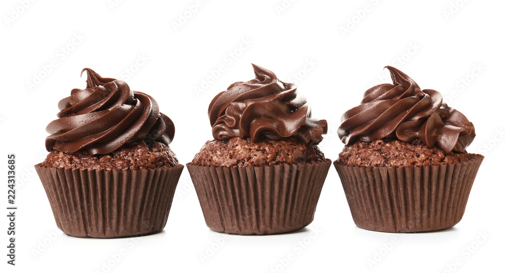 Tasty chocolate cupcakes on white background Tasty chocolate cupcakes on white background