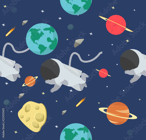 Astronaut  in space flat design pattern