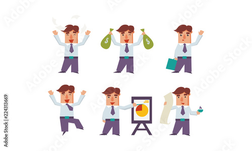 Flat vector set of happy office worker in different actions. Successful businessman. Bank manager