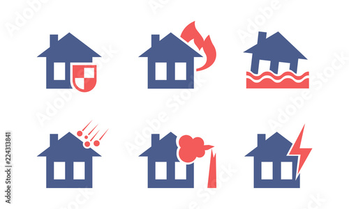 Set of icons related to house insurance theme. Property protection. Flat vector for mobile app interface or advertising poster