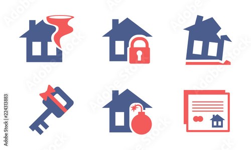 Flat vector set of home insurance service icons. Property protection theme. Elements for advertising brochure or poster
