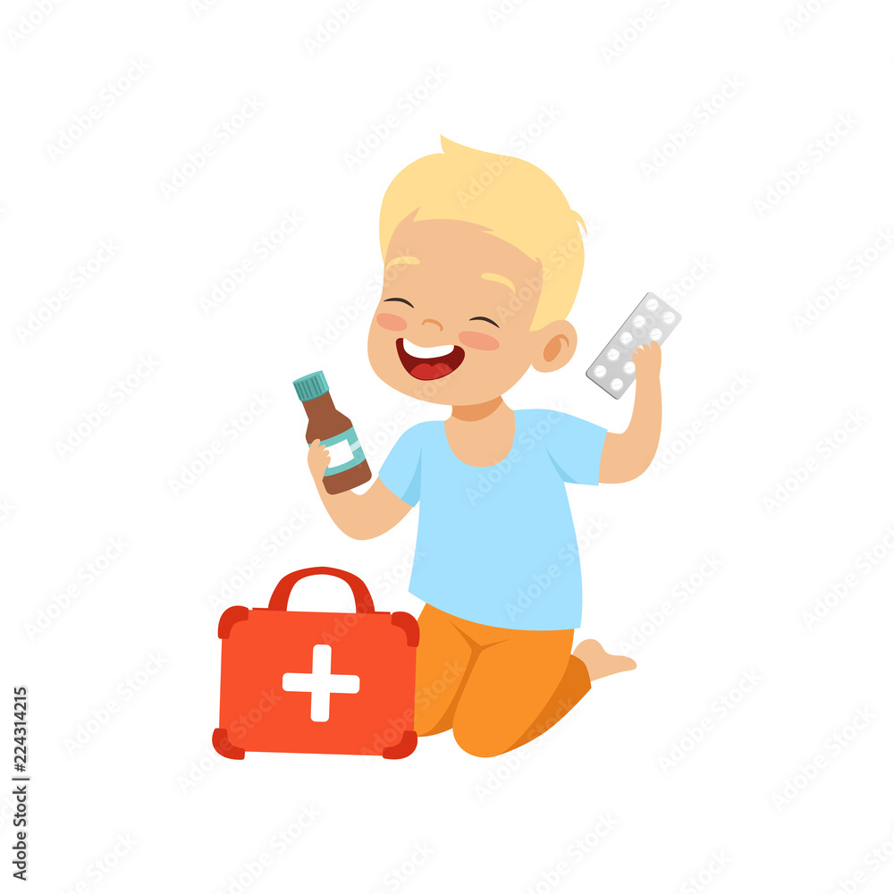 Little boy playing with medical supplies, kid in dangerous situation vector Illustration on a white background Little boy playing with medical supplies, kid in dangerous situation vector Illustration on a white background