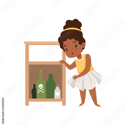 Cute little girl playing with hazardous substances, kid in dangerous situation vector Illustration on a white background