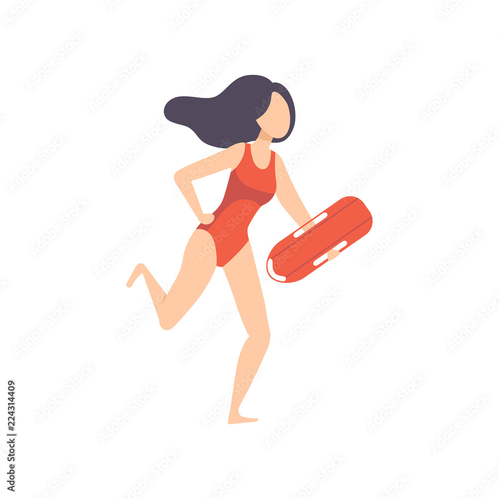 Female lifeguard running with life preserver buoy, professional rescuer character working on the beach vector Illustration on a white background
