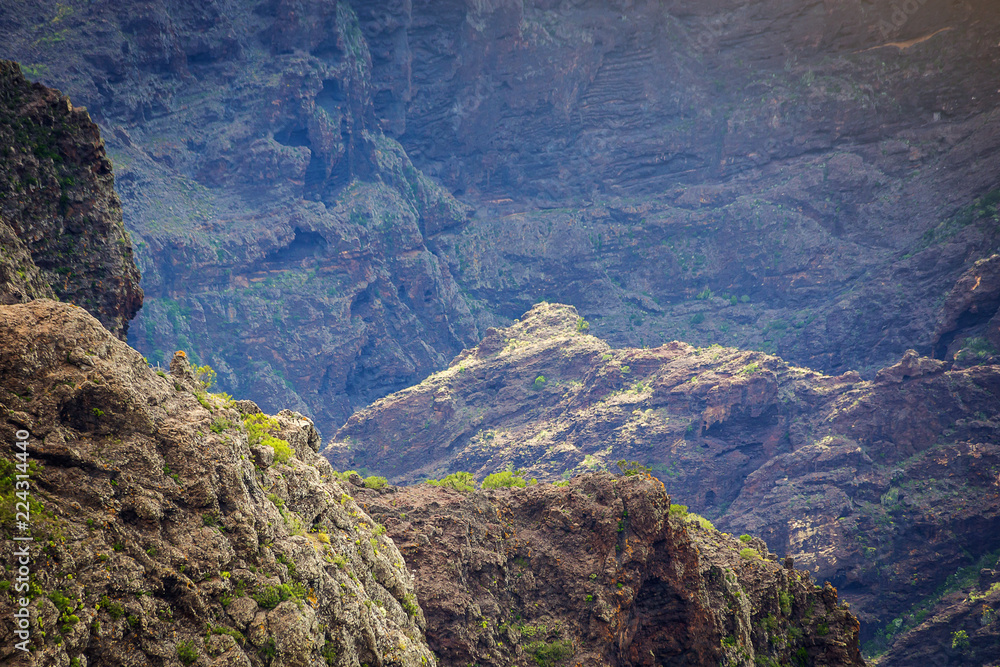 Mountain Landscape of the Masca Gorge. Beautiful views of the coast with small villages in Tenerife, Canary Islands
