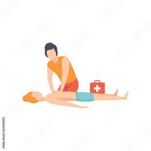 Male lifeguard providing first aid to a drowning man, professional rescuer character working on the beach vector Illustration on a white background
