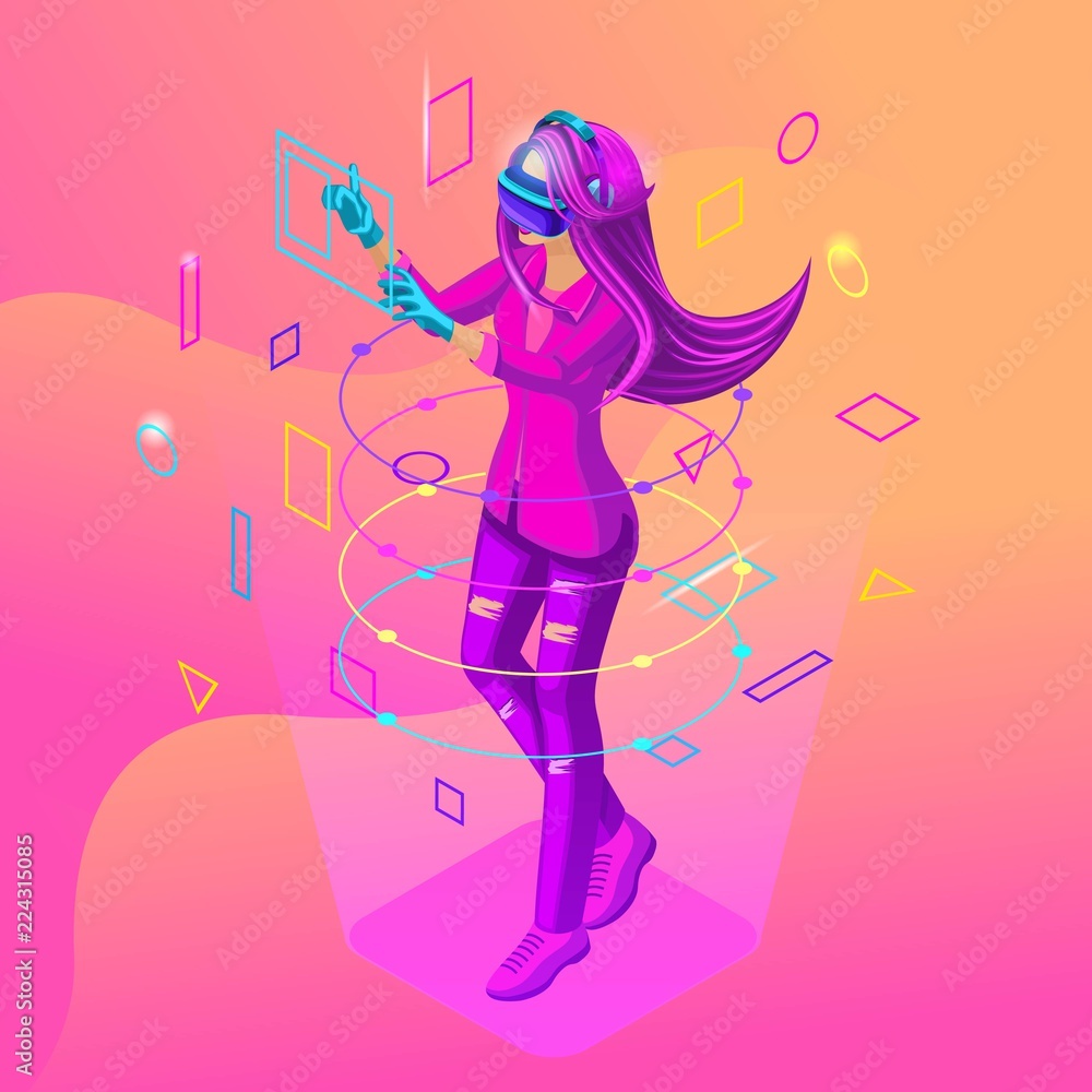 Isometric girl playing in a virtual game. The teenagers are generation Z with gadgets. Bright hair color, beautiful stylish colors on a colorful background Isometric girl playing in a virtual game. The teenagers are generation Z with gadgets. Bright hair color, beautiful stylish colors on a colorful background