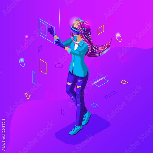 Isometric girl playing in a virtual game. Teenagers are young people with gadgets. Bright hair color, beautiful stylish colors