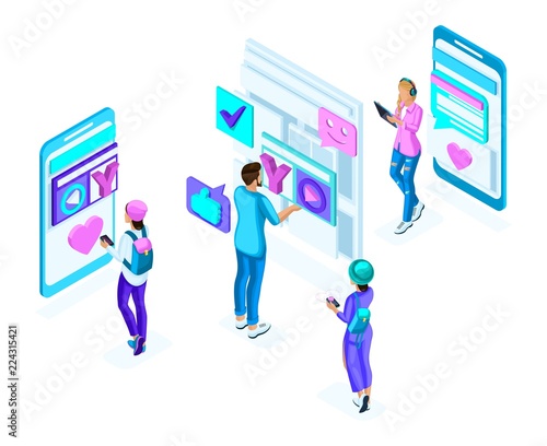 Isometric teenagers, use gadgets, phones, generation Z, colorful concept of social networking correspondence, a set of holographic people