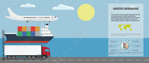 Logistic Infographic and Transportation template. Plane, ship and tir truck with infographic board. Vector illustration.