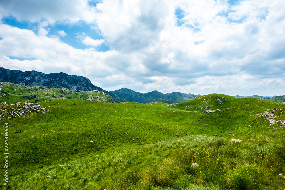 green grass, mountains and cloudy sky in Durmitor massif, Montenegro