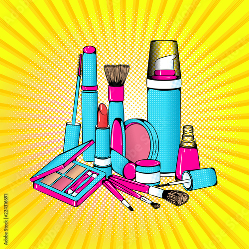 Vector bright colored background in Pop Art style. Illustration with decorative cosmetics. Retro comic style