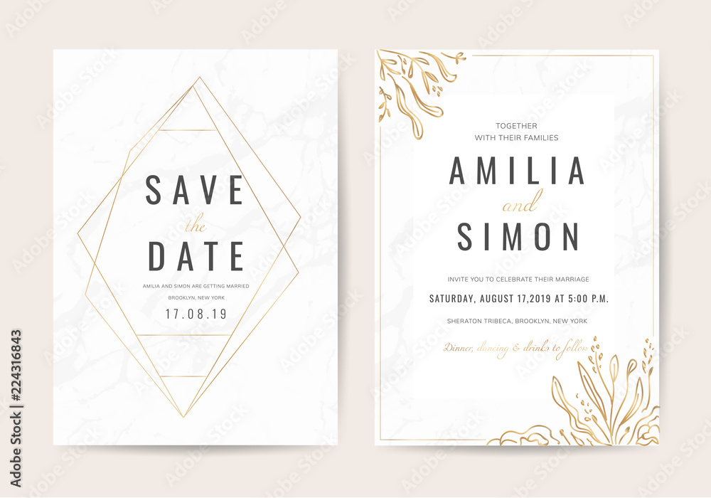 Wedding invitation cards with marble texture background and gold geometric  line design vector.