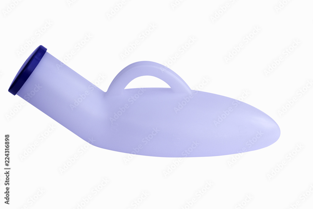  A portable urinal plastic , use in case man can not get up to urinate, white background.