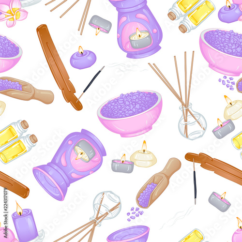 Vector seamless pattern with accessories for spa and aromatherapy. Illustration isolated on white background
