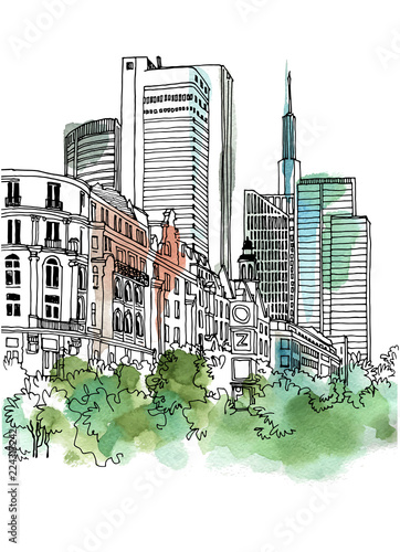 Urban line sketch with landscape of the old European city. Germany Frankfurt am Main. Old street in hand drawn style on watercolor background