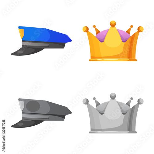 Vector illustration of headgear and cap symbol. Collection of headgear and accessory vector icon for stock.