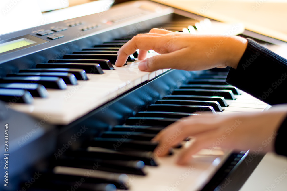Obraz premium Young artist musician woman hands playing the piano in music room.