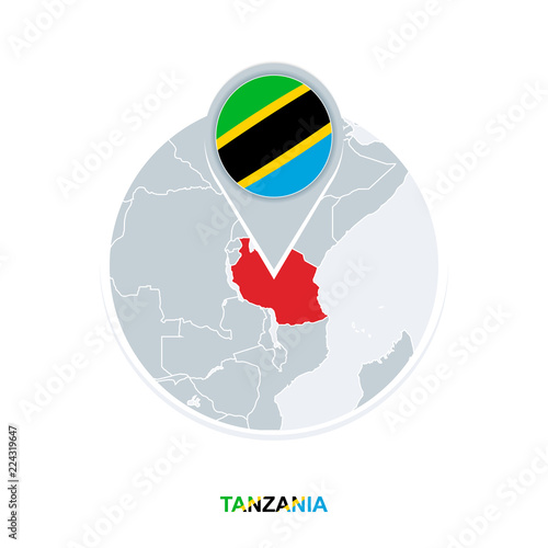Tanzania map and flag, vector map icon with highlighted Tanzania