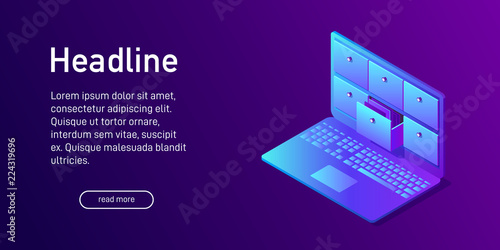 Isometric concept of database, landing page.