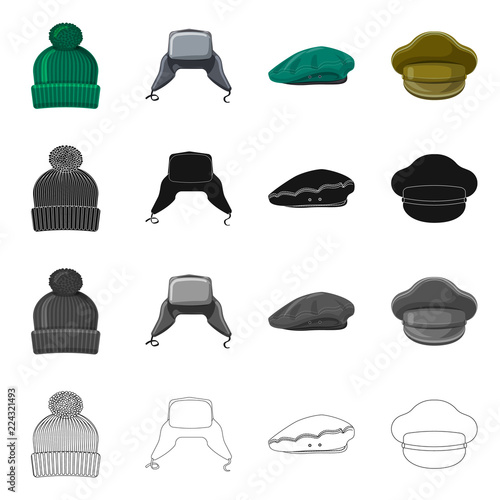 Vector illustration of headgear and cap logo. Set of headgear and accessory vector icon for stock.