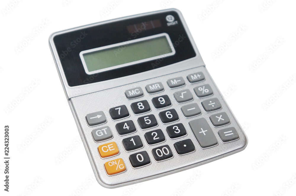 Silver and black calculator isolated on white background, close up, side view Silver and black calculator isolated on white background, close up, side view