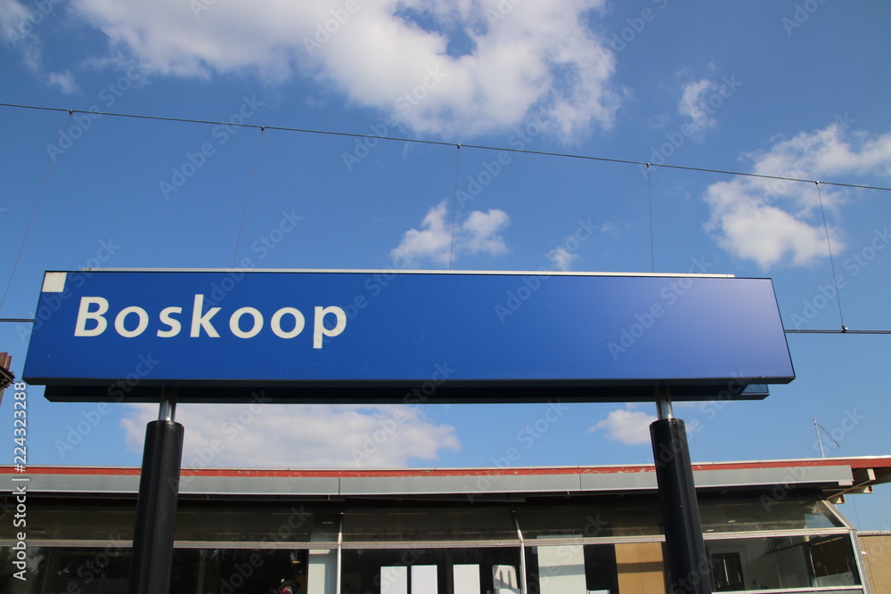 Name sign on the station Boskoop on the R-Net train between Gouda and Alphen aan den Rijn which is famous by lot of delay