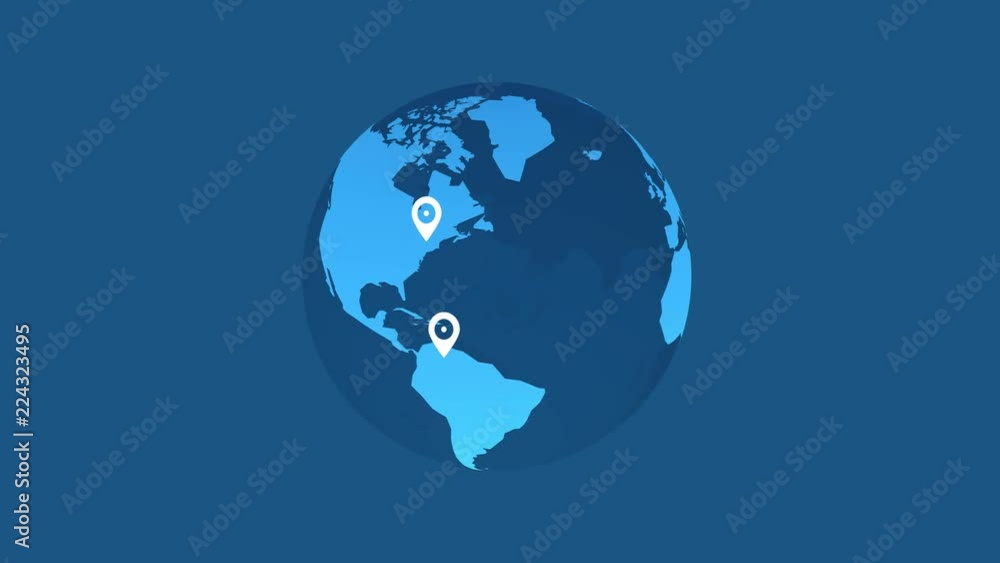 earth animation white pins location on blue background earth animation white pins location on blue background