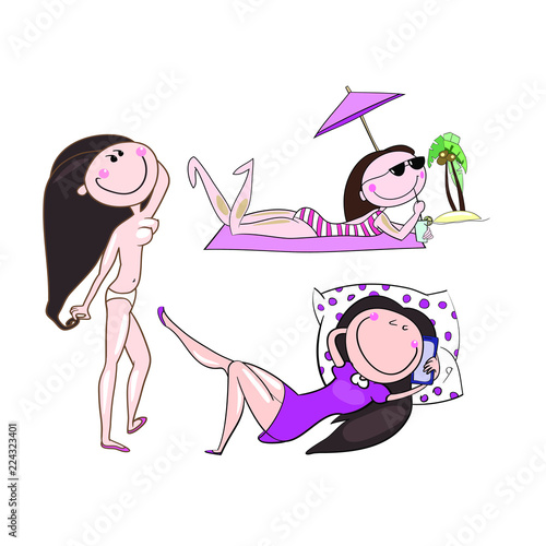 Set of color images, vector, modern girl on vacation