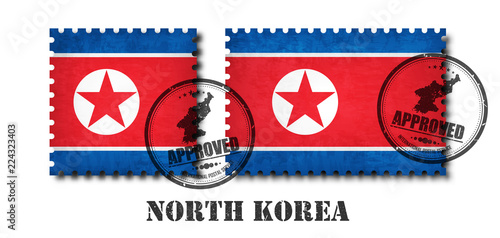 North korea flag pattern postage stamp with grunge old scratch texture and affix a seal on isolated background . Black color country name with abrasion . Square and rectangle shape . Vector