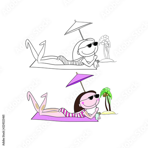Two variants of a drawing in a vector, a contour and in color, a girl on the beach