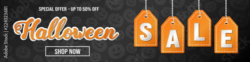 Halloween Sale - panoramic header with pumkins pattern. Vector.