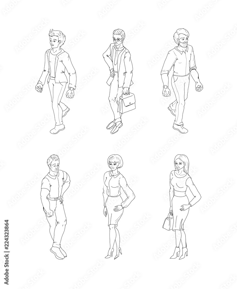 Group of people standing. Black and white outline sketch vector. Business men and women cartoon style characters isolated. Group of people standing. Black and white outline sketch vector. Business men and women cartoon style characters isolated.