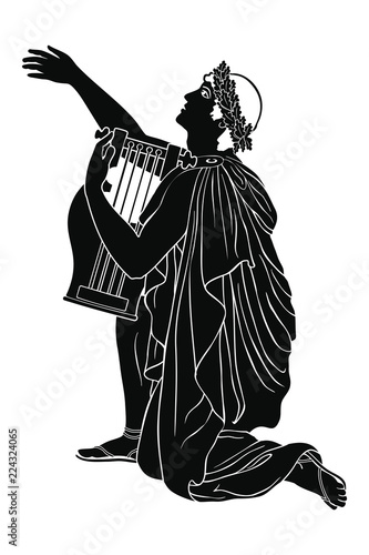 Ancient Greek musician with a lyre and a wreath kneels, hands out and calls the muse.