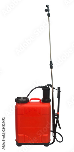 Pesticide, herbicide sprayer for working in the garden and vegetable garden isolated on a white background. Manual, for the destruction of pests and insects