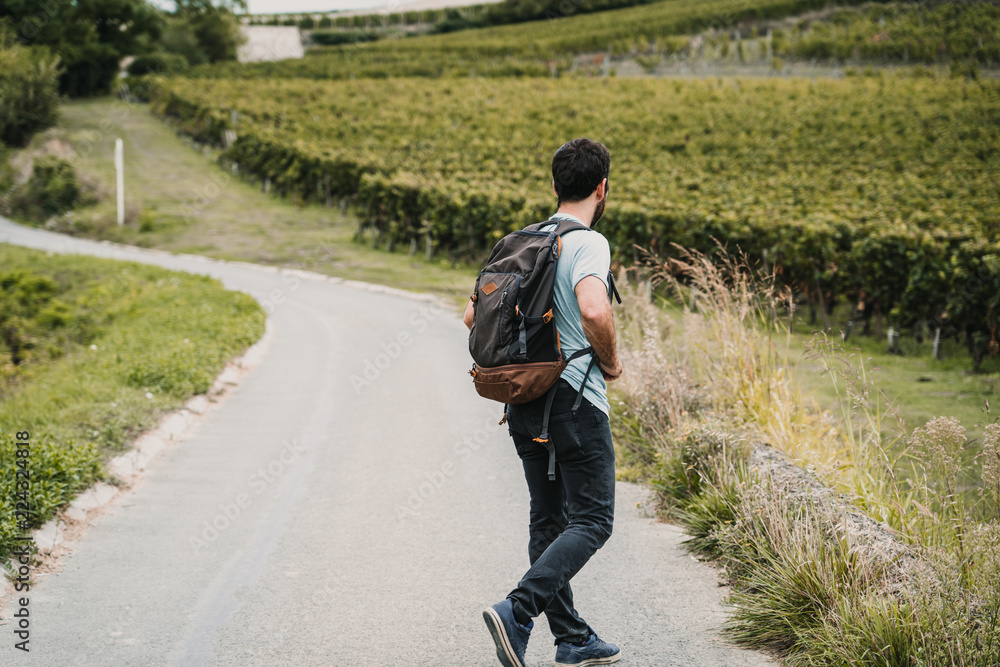 .Young and adventurous man hitchhiking on a side road of France surrounded by vineyards on a cloudy day. Travel photography. Lifestyle .Young and adventurous man hitchhiking on a side road of France surrounded by vineyards on a cloudy day. Travel photography. Lifestyle