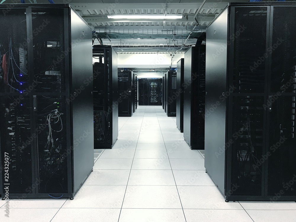 row of server racks or network device racks in data center.Data center
