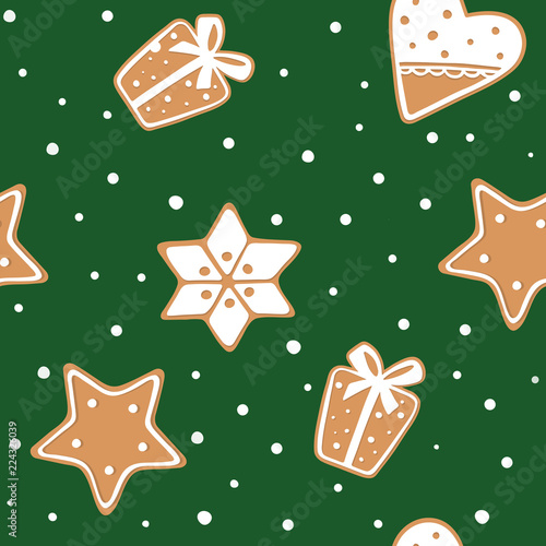 Seamless pattern of gingerbread cookies on green background. Xmas Stars, gift, hearts, snowflake. New Year's pattern with snow