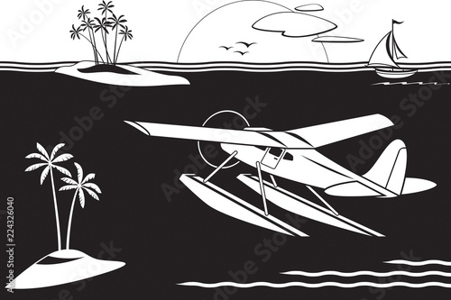Принти на полотні Seaplane flying among islands in the sea - vector illustration