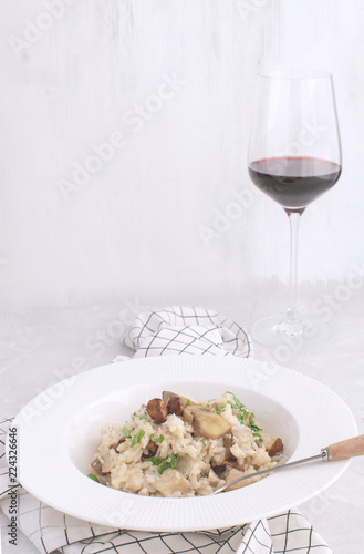 Mushroom risotto Traditional italian porcino rice Dish White background Checkered napkin Copy space